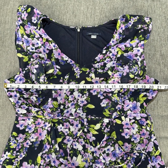 Tommy Hilfiger Womens Floral Ruffle Chiffon Fit & Flare Dress Purple Green 14 - Picture 3 of 11